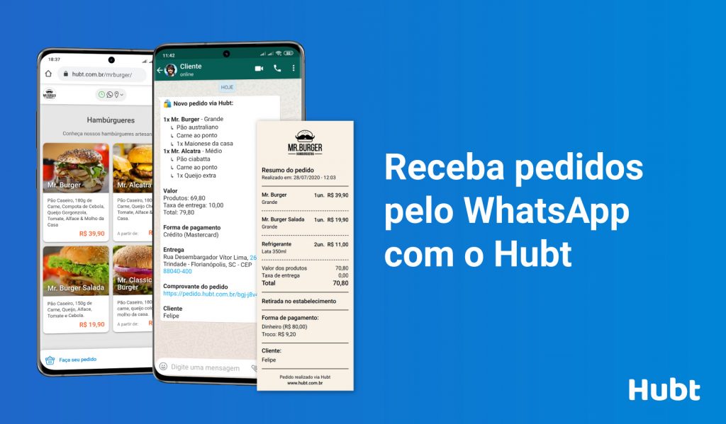 Imagem mostrando a funcionalidade de receber pedidos pelo WhatsApp com o Hubt, com ícones representando o logotipo do WhatsApp e uma sacola de compras na tela de um smartphone, simbolizando a integração e a conveniência de receber pedidos diretamente pelo WhatsApp através do Hubt.