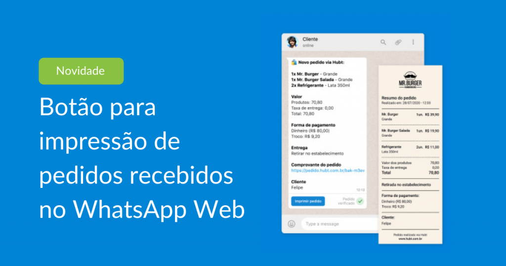 Imagem de compartilhamento mostrando o botão para impressão de pedidos recebidos pelo WhatsApp Web, com ícones representando o logotipo do WhatsApp, uma impressora e uma tela de computador, simbolizando a funcionalidade de imprimir pedidos diretamente do WhatsApp Web.
