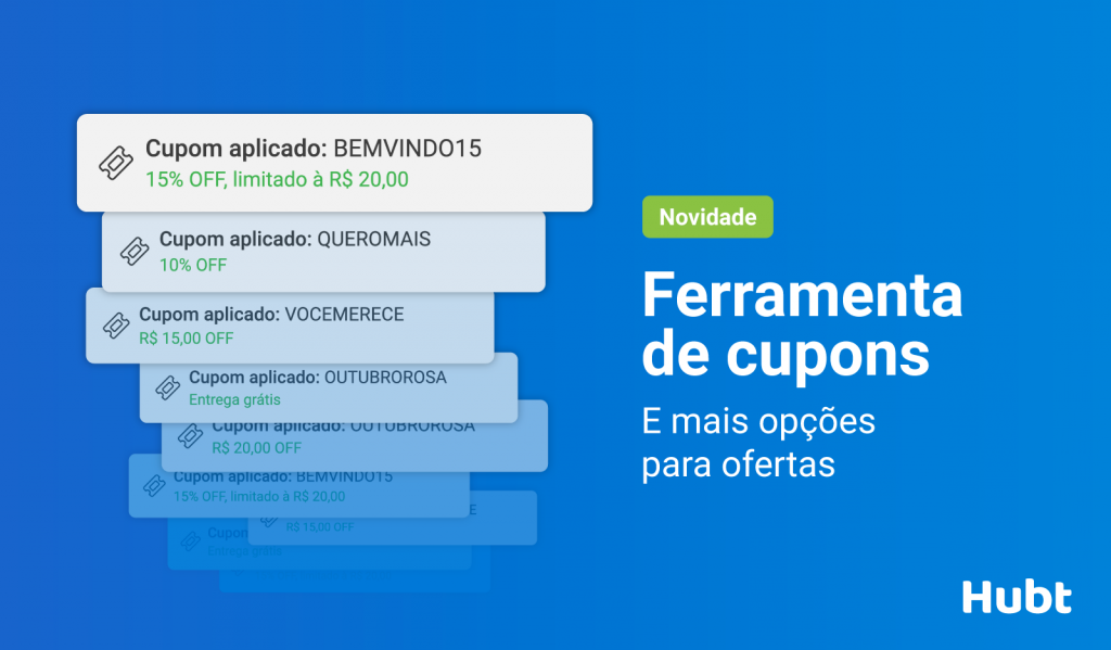 Imagem mostrando a ferramenta de cupons no Hubt, com ícones representando um smartphone, uma etiqueta de cupom, uma caixa de ferramentas e um código de desconto, simbolizando a funcionalidade de criar e gerenciar cupons promocionais na plataforma Hubt.