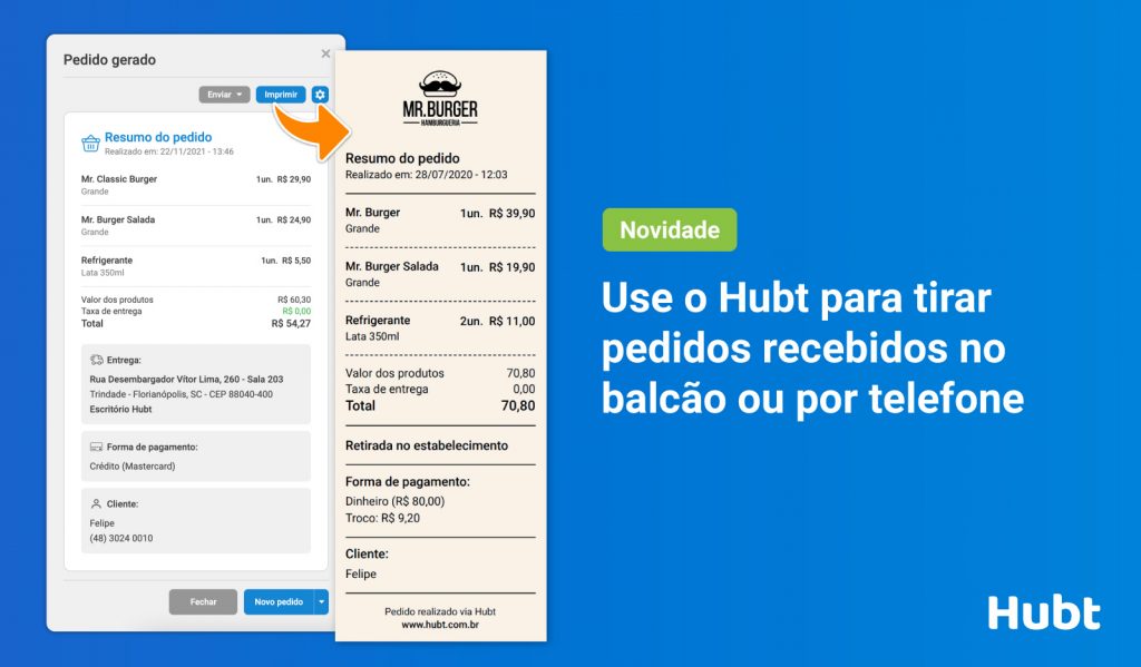 Imagem mostrando o uso do Hubt para gerenciar pedidos recebidos no balcão ou por telefone, com ícones representando um smartphone, um balcão de loja, um telefone e uma interface de pedidos, simbolizando a funcionalidade de integrar e registrar pedidos feitos por diferentes canais diretamente na plataforma Hubt.