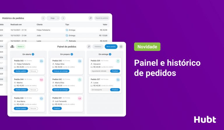 Imagem mostrando o painel de pedidos, com ícones representando um computador, uma tela com uma lista de pedidos, um gráfico de status e ícones de pedidos individuais, simbolizando a funcionalidade de visualizar, gerenciar e monitorar pedidos recebidos na plataforma Hubt.