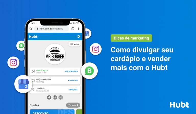Imagem mostrando como divulgar seu cardápio e aumentar vendas com o Hubt, com ícones representando: Um smartphone exibindo o cardápio digital. Um gráfico de crescimento de vendas. Ícones de redes sociais para promoção. Um botão de compartilhamento e um QR Code. Esses ícones simbolizam a funcionalidade de usar o Hubt para promover o cardápio, aumentar a visibilidade e impulsionar as vendas através de ferramentas de marketing e compartilhamento.