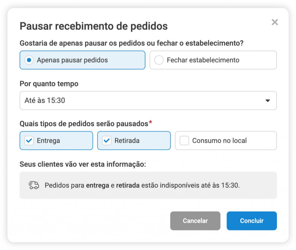 Janela para pausa nos pedidos