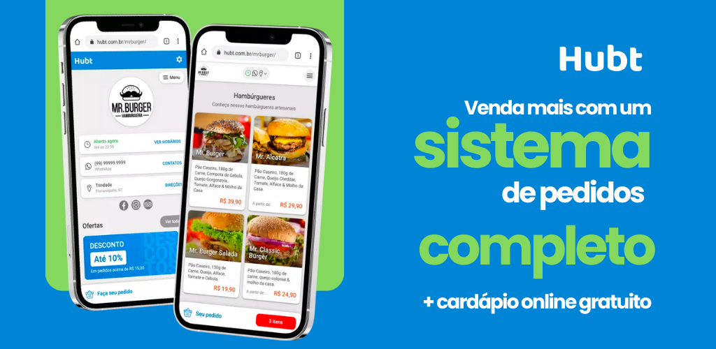 Imagem anunciando o Hubt como um cardápio online gratuito e sistema de pedidos completo, com ícones representando um smartphone, um cardápio digital e uma sacola de compras, simbolizando a funcionalidade abrangente de gerenciamento de cardápios e pedidos através da plataforma Hubt.
