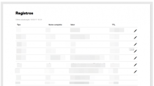 Imagem mostrando a configuração de registros DNS, com ícones representando um globo, um documento com texto e uma engrenagem, simbolizando a funcionalidade de gerenciar e ajustar os registros DNS para um domínio na plataforma.