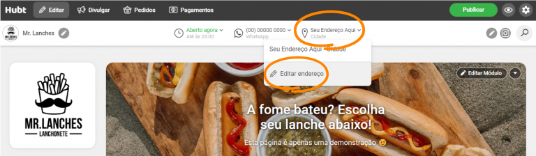 Imagem mostrando a inserção de um endereço completo, com ícones representando um smartphone, um formulário de endereço e um mapa, simbolizando a funcionalidade de adicionar e configurar informações de localização detalhadas na plataforma.