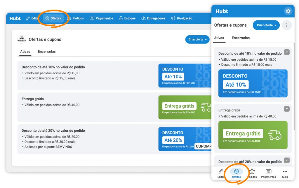 Imagem mostrando a seção de ofertas no Hubt, com ícones representando um smartphone, várias etiquetas de desconto e uma lista de produtos, simbolizando a área dedicada a promoções e descontos disponíveis na plataforma Hubt.