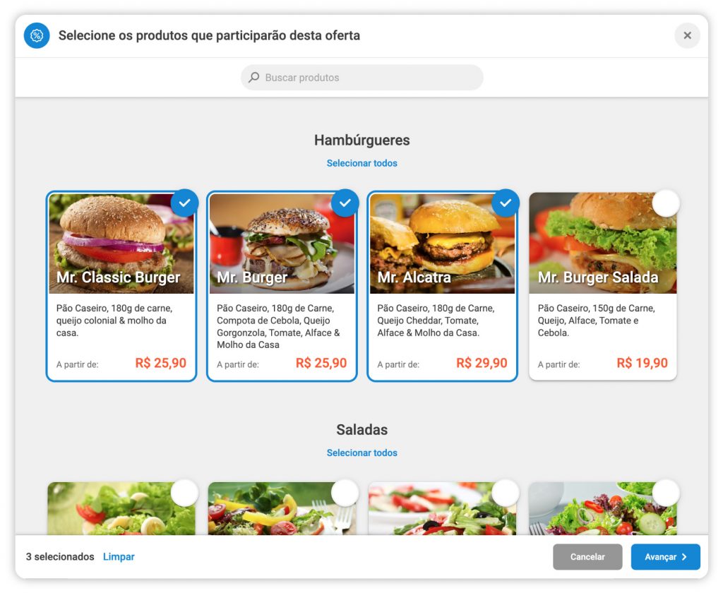 Imagem mostrando a seleção de produtos para a oferta, com ícones representando um smartphone, uma lista de produtos e uma etiqueta de oferta, simbolizando a funcionalidade de escolher e destacar produtos específicos para promoções na plataforma Hubt.