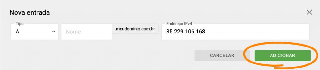 Imagem mostrando a configuração de uma nova entrada A com endereço IPv4, com ícones representando um globo, um documento com texto e um símbolo de IP, simbolizando a funcionalidade de adicionar um novo registro A para apontar um domínio para um endereço IPv4 específico.