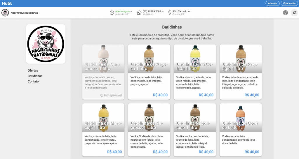 Lista de batidinhas artesanais de 1 litro com sabores variados e preços exibidos no cardápio online do Negritinhus Batidinhas no Hubt