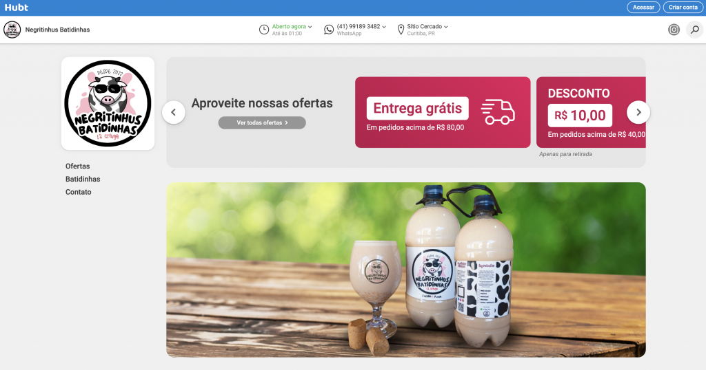 Cardápio online do Negritinhus Batidinhas exibindo ofertas de entrega grátis e desconto, com acesso a pedidos via Hubt