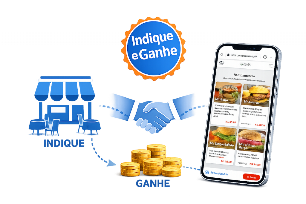 Ilustração do programa Indique e Ganhe do Hubt com restaurantes conectados e cardápio digital no celular