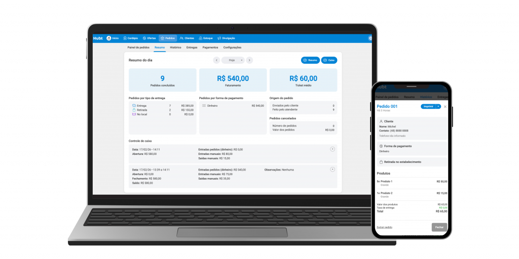 Simples, claro e organizado. Pedidos, caixa e faturamento em um só lugar.
