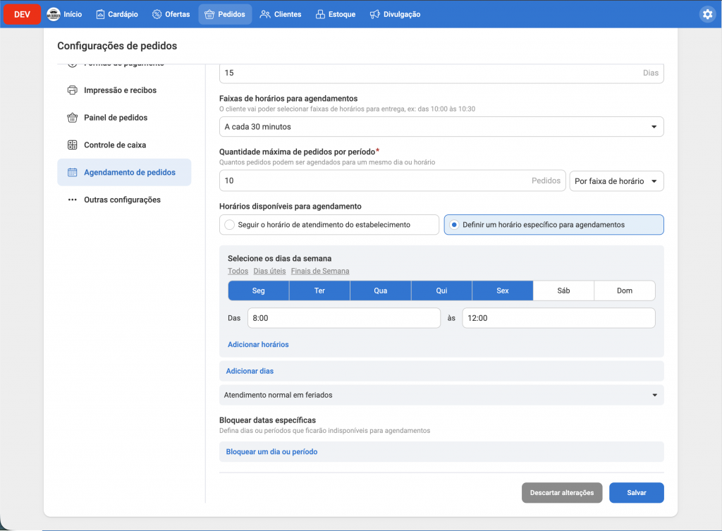configurações agendamento de pedido