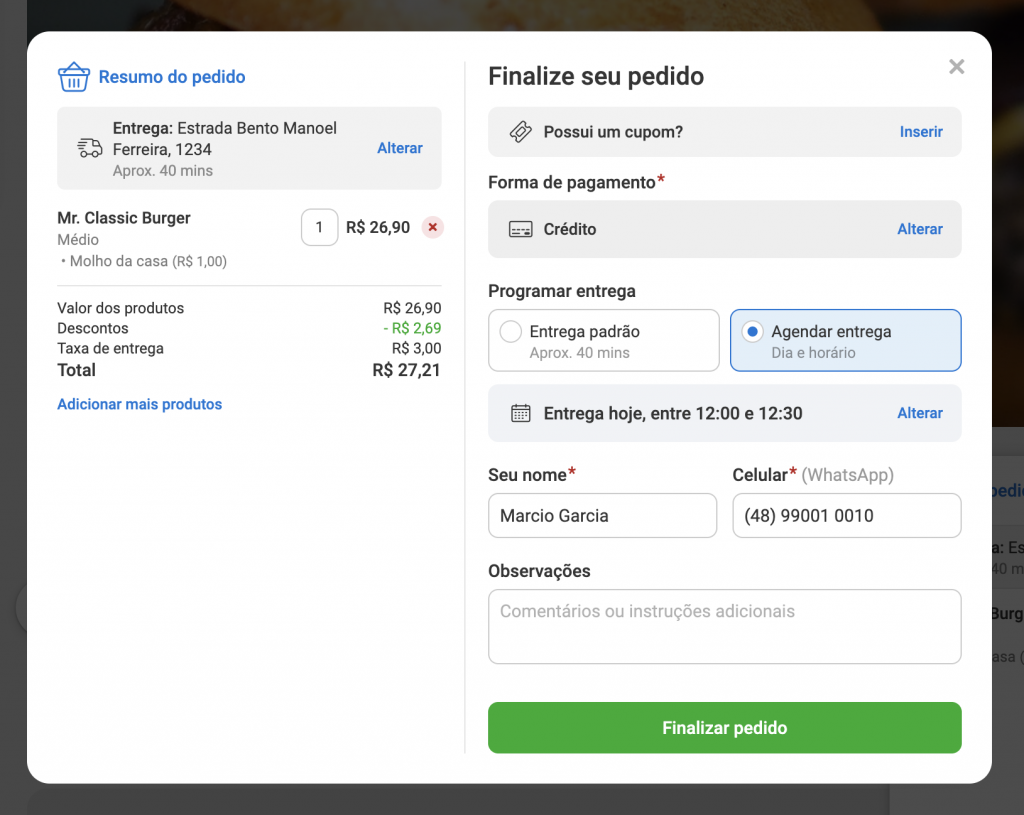 agendamento de pedidos data escolhida
