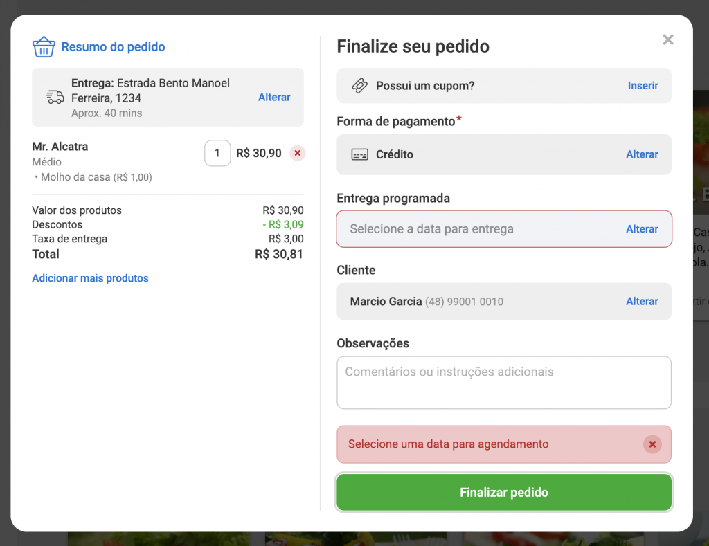 obrigatório agendamento de pedidos