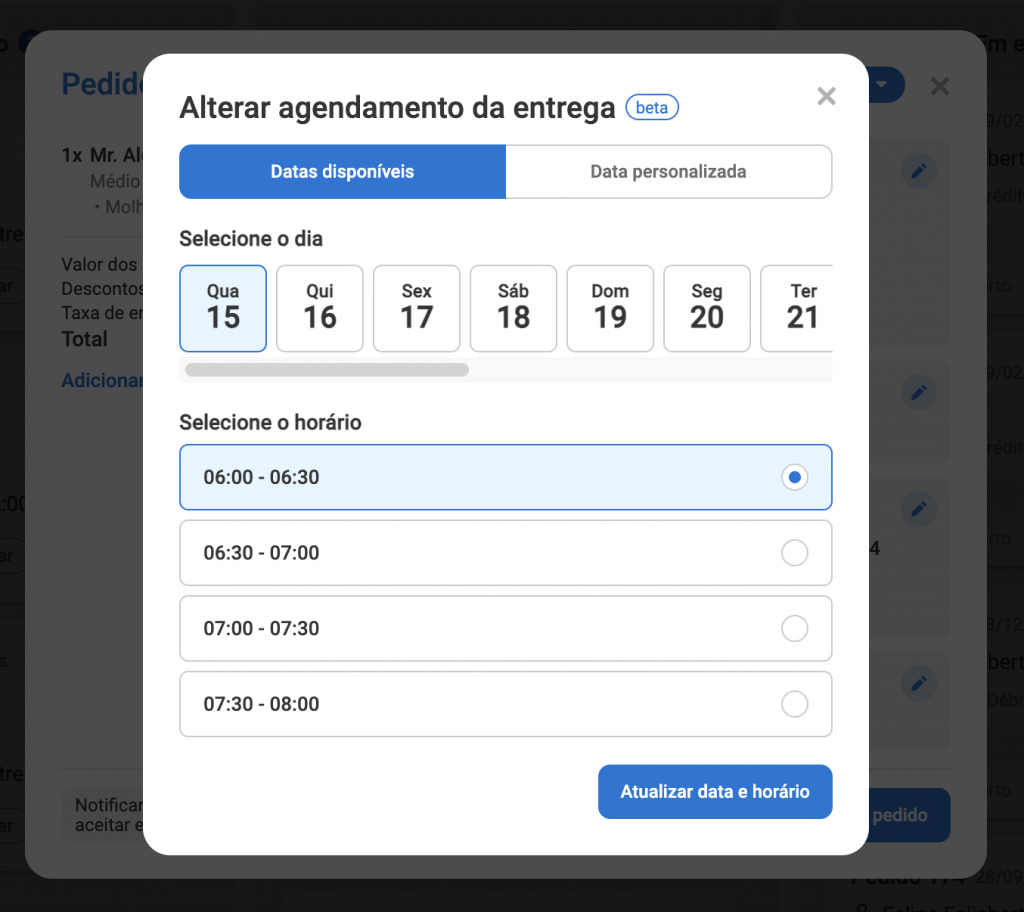 alterar horário de agendamento de entrega