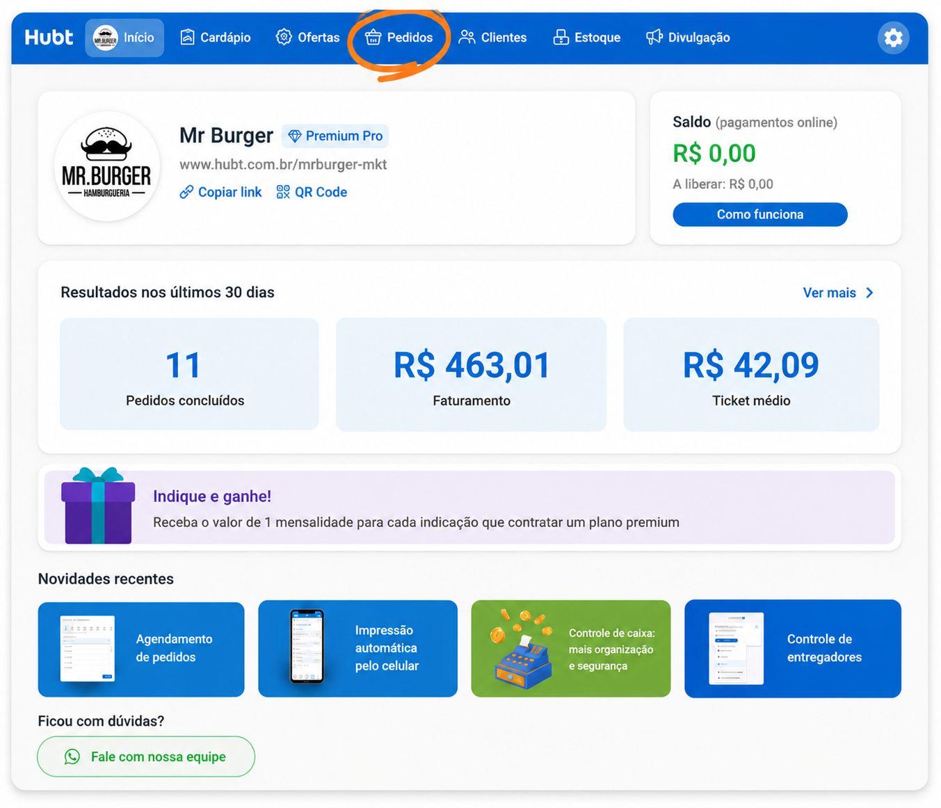 Painel de pedidos do Hubt com aba de geração de pedidos destacada