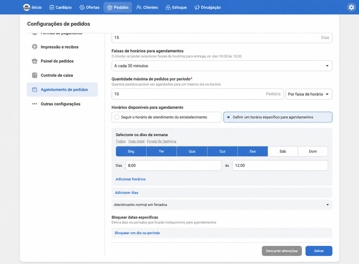 configuração de horários disponíveis para agendamento de pedidos no Hubt