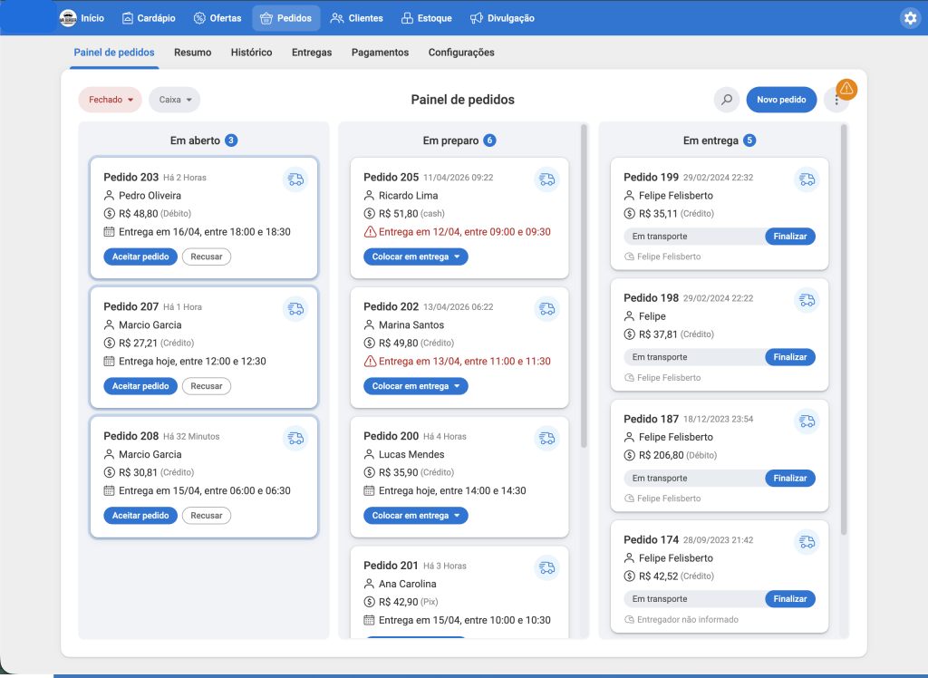 painel de pedidos do Hubt com pedidos agendados organizados em kanban