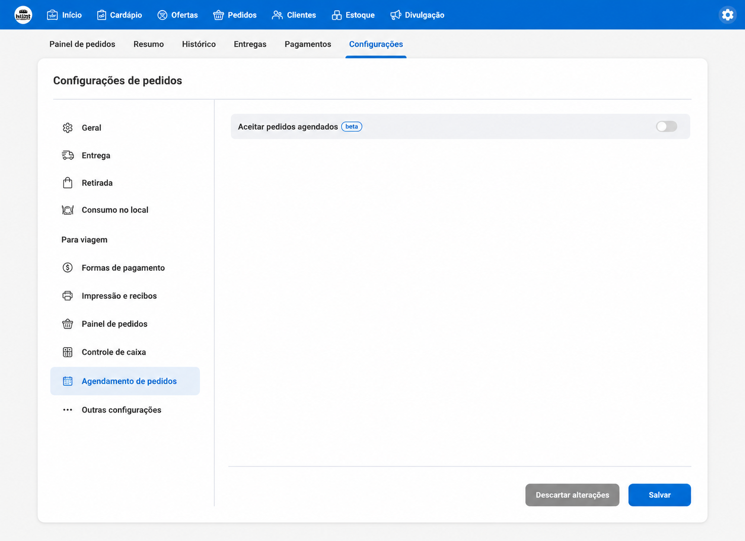 tela de configuração do Hubt com agendamento de pedidos desativado