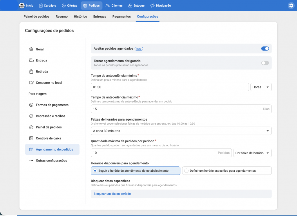 tela de configurações do Hubt para ativar o agendamento de pedidos