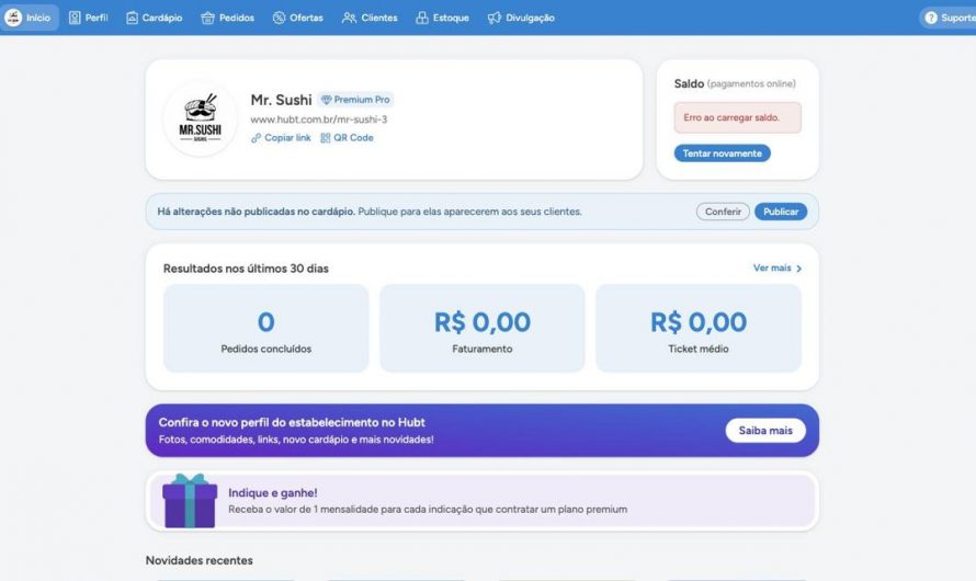 Início: o painel inicial do seu estabelecimento