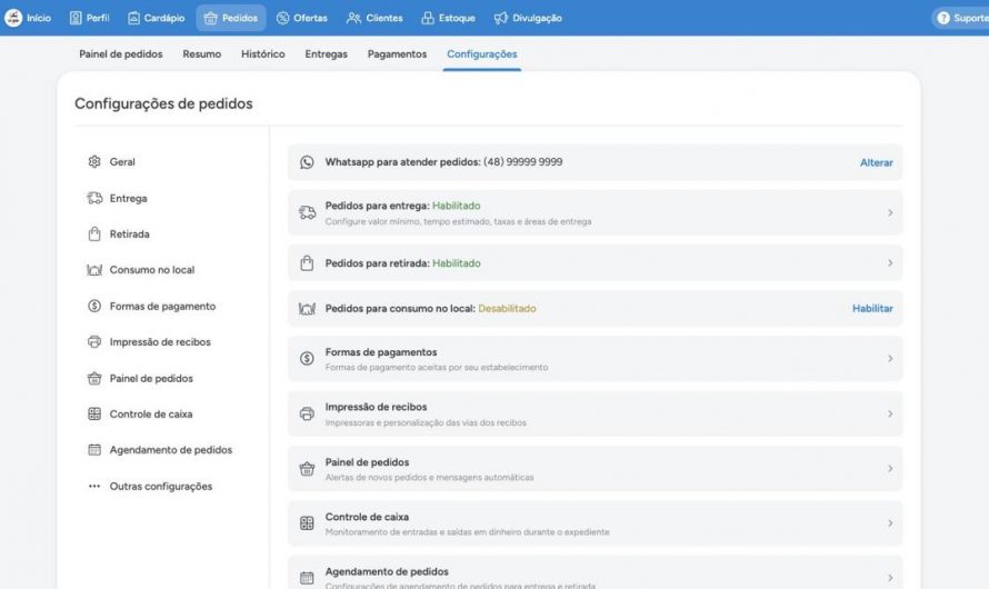 Configurações de pedidos: visão geral e WhatsApp de atendimento