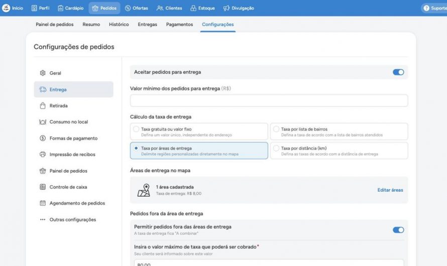 Como configurar pedidos para entrega (taxas e áreas)