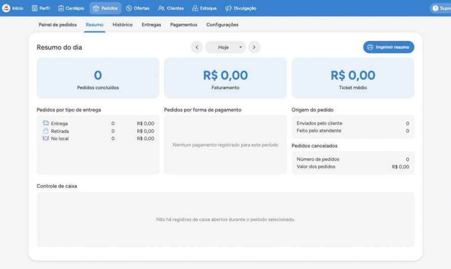 Resumo do dia e histórico de pedidos