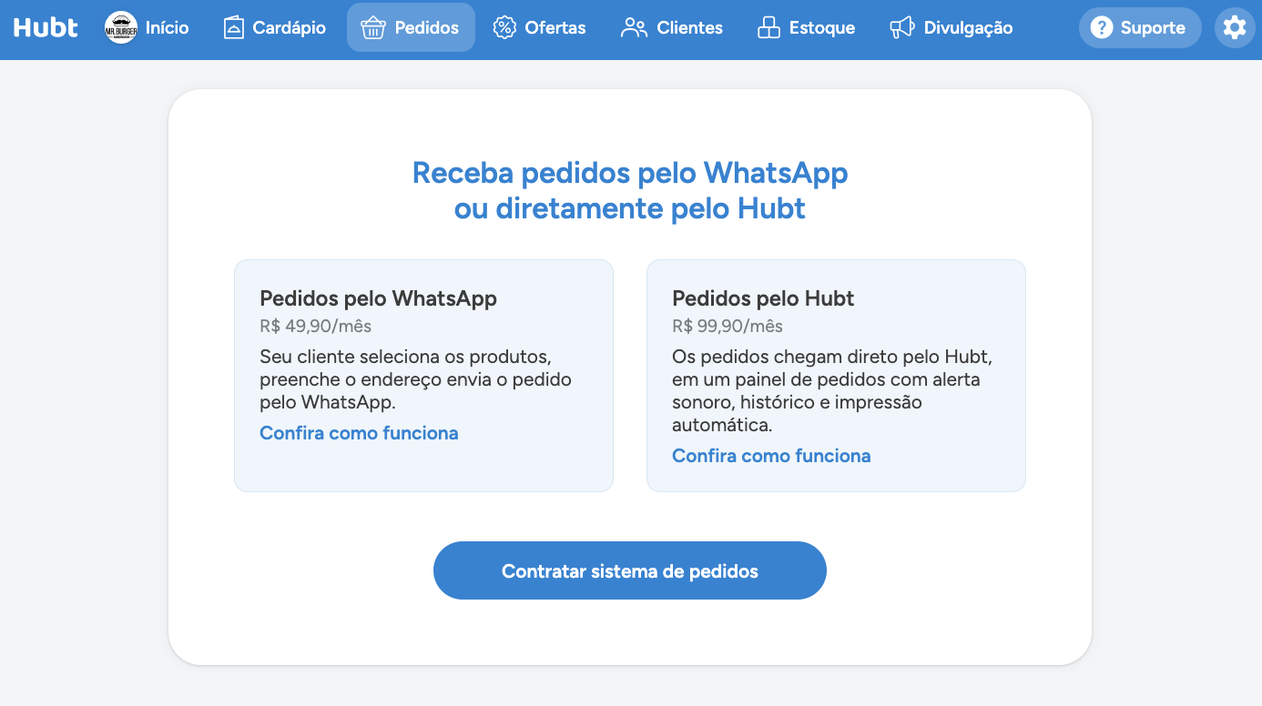 Tela de contratacao do sistema de pedidos, com Pedidos pelo WhatsApp e Pedidos pelo Hubt