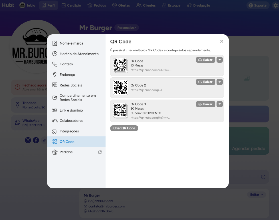Aba QR Code com a lista de códigos, cada um com o botão Baixar, e o botão Criar QR Code no fim
