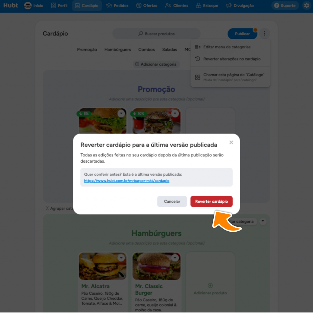 Caixa Reverter cardápio para a última versão publicada, com o link da versão no ar e o botão Reverter cardápio