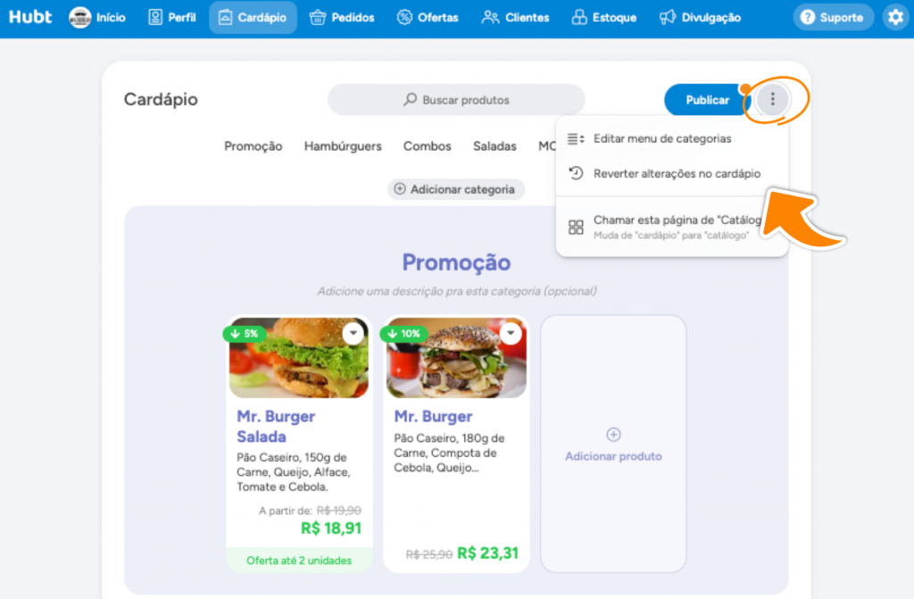 Menu dos três pontos aberto ao lado do botão Publicar, com a seta laranja apontando para Reverter alterações no cardápio