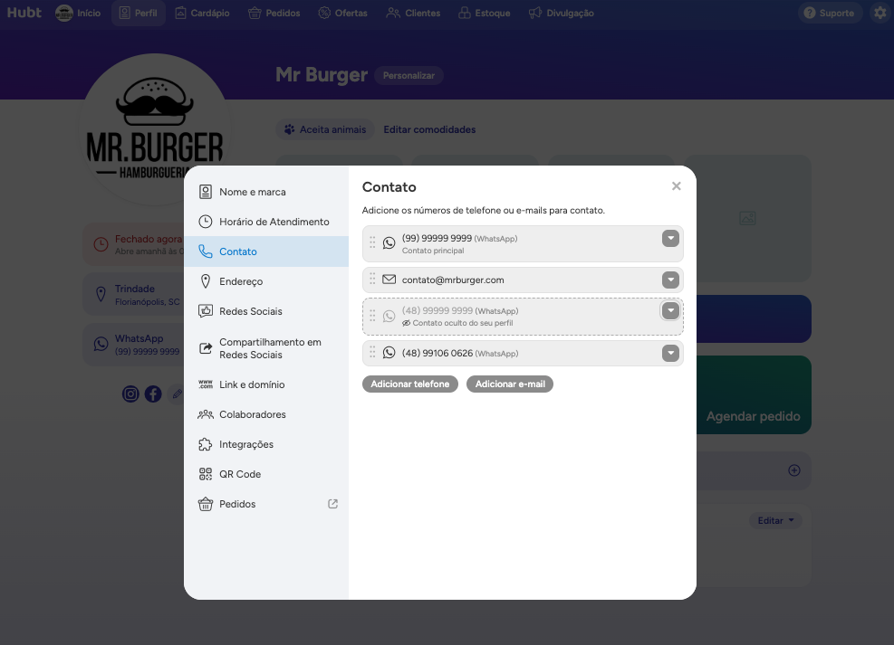 Janela aberta na aba Contato, com os contatos cadastrados e os botões Adicionar telefone e Adicionar e-mail