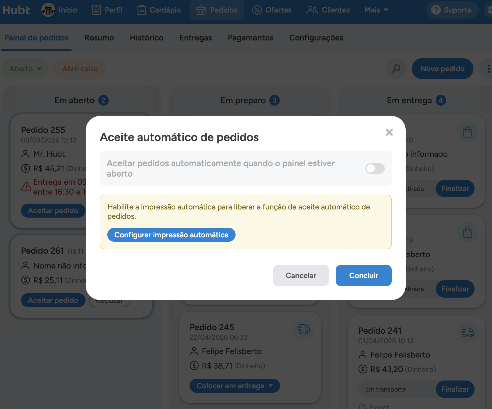 Janela Aceite automático de pedidos, com a chave desabilitada e o aviso para habilitar a impressão automática