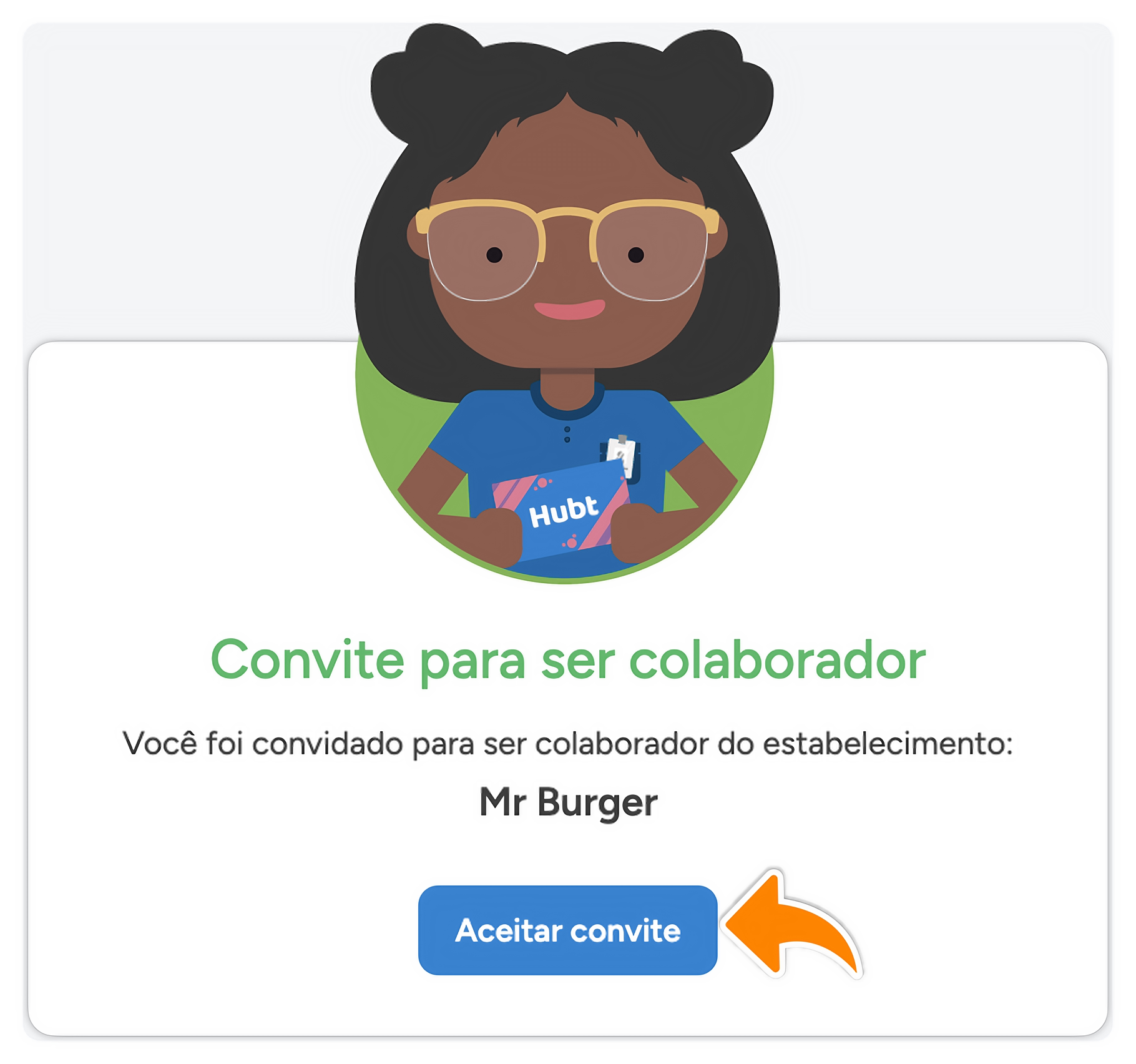 Tela Convite para ser colaborador, com a marcação laranja no botão Aceitar convite