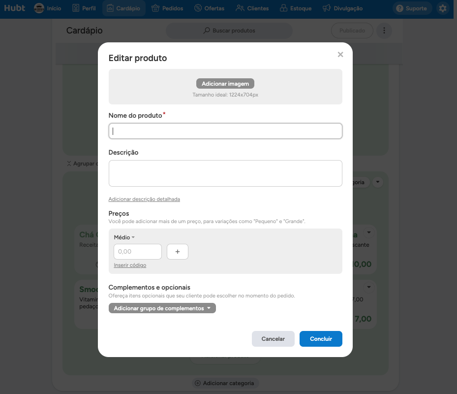 Janela Editar produto de um produto novo, com o espaço de imagem vazio e o botão Adicionar imagem