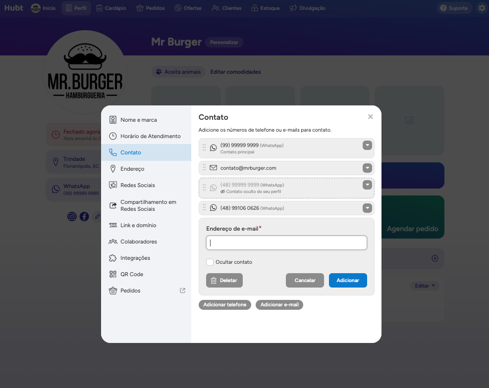 Formulário de e-mail aberto, com o campo Endereço de e-mail, a caixa Ocultar contato e o botão Adicionar