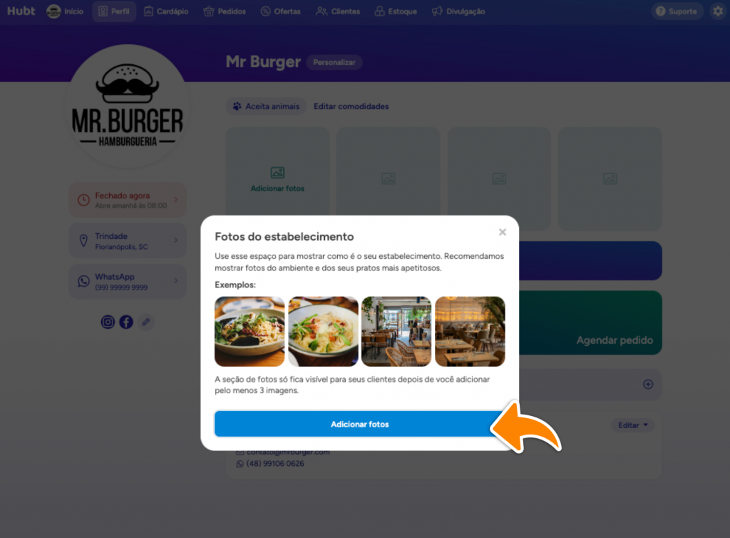 Janela Fotos do estabelecimento com exemplos, o aviso das três imagens e o botão Adicionar fotos
