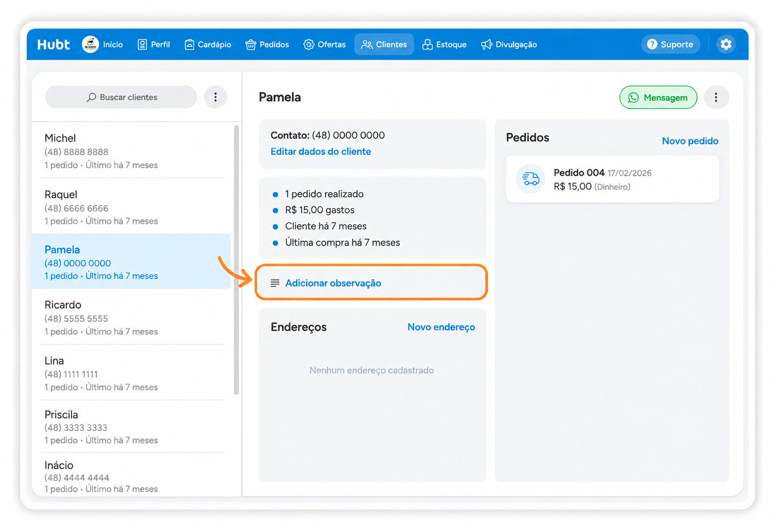 Ficha do cliente com o link Adicionar observação destacado