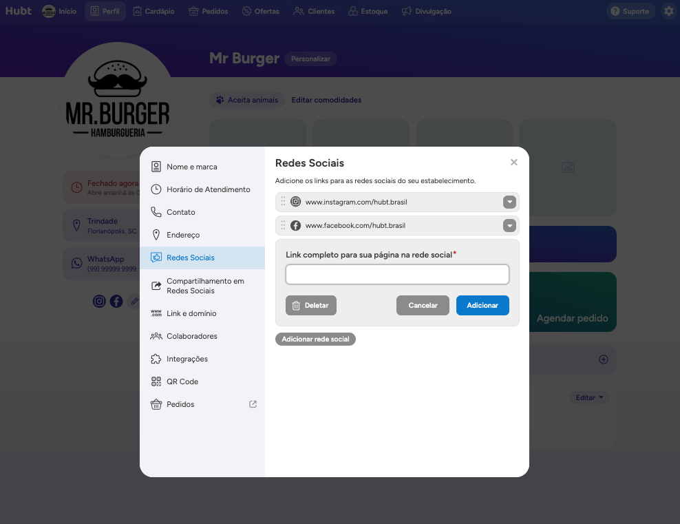 Campo Link completo para sua página na rede social aberto, com os botões Cancelar e Adicionar