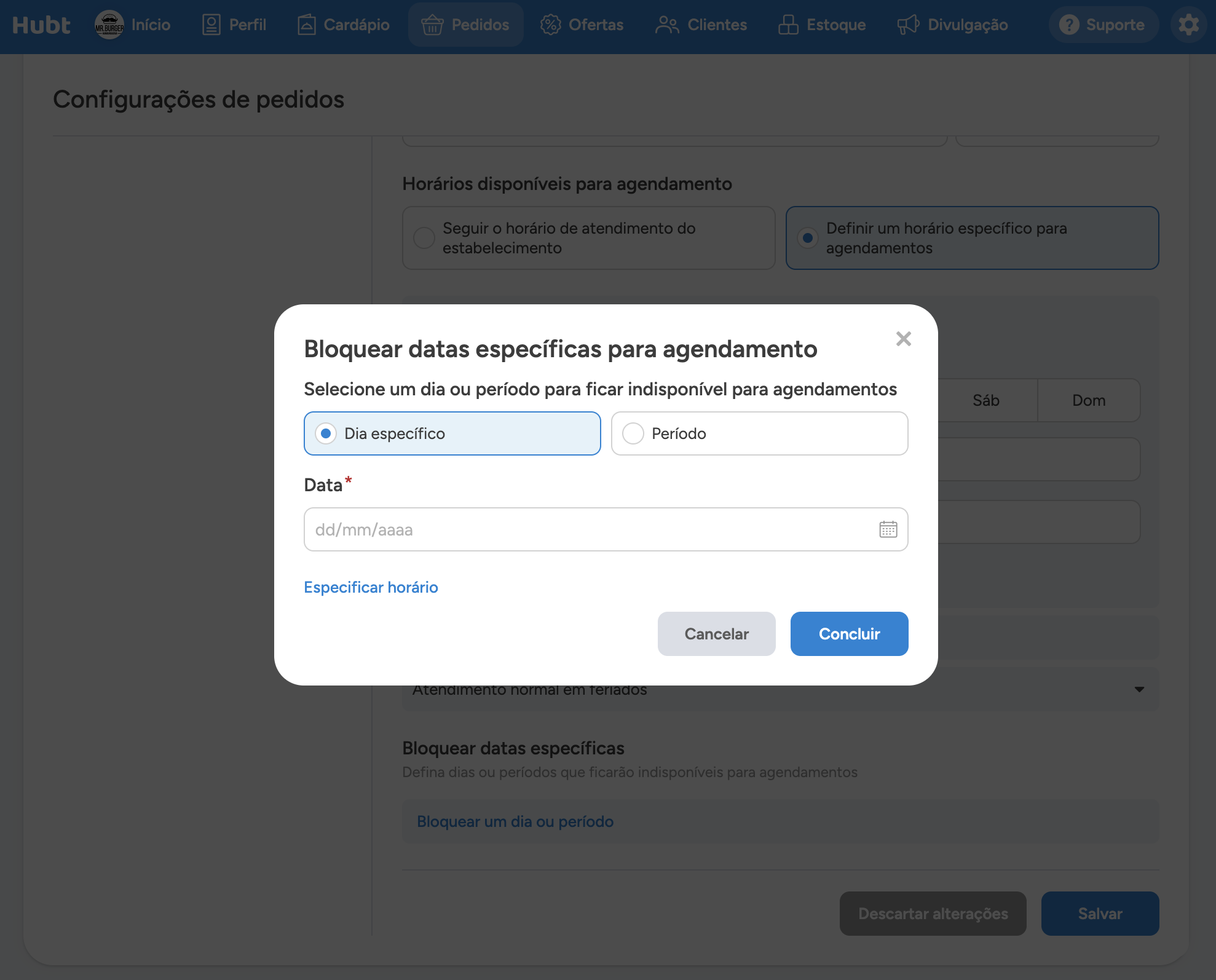 Janela Bloquear datas específicas para agendamento, com Dia específico e Período