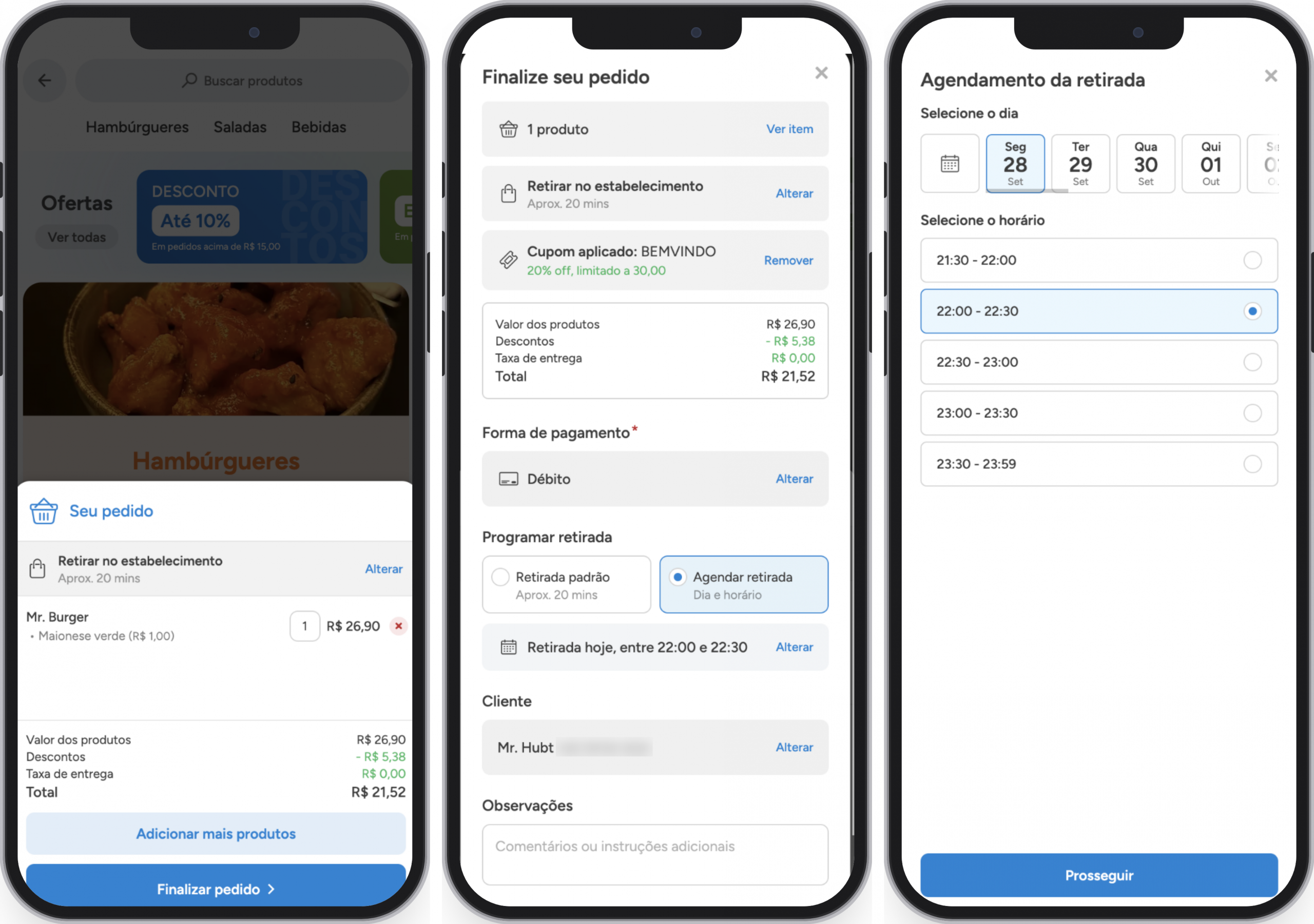 Três telas do cliente no celular: cardápio com o pedido, finalizar pedido com a escolha de agendar a retirada, e o agendamento com dia e horário