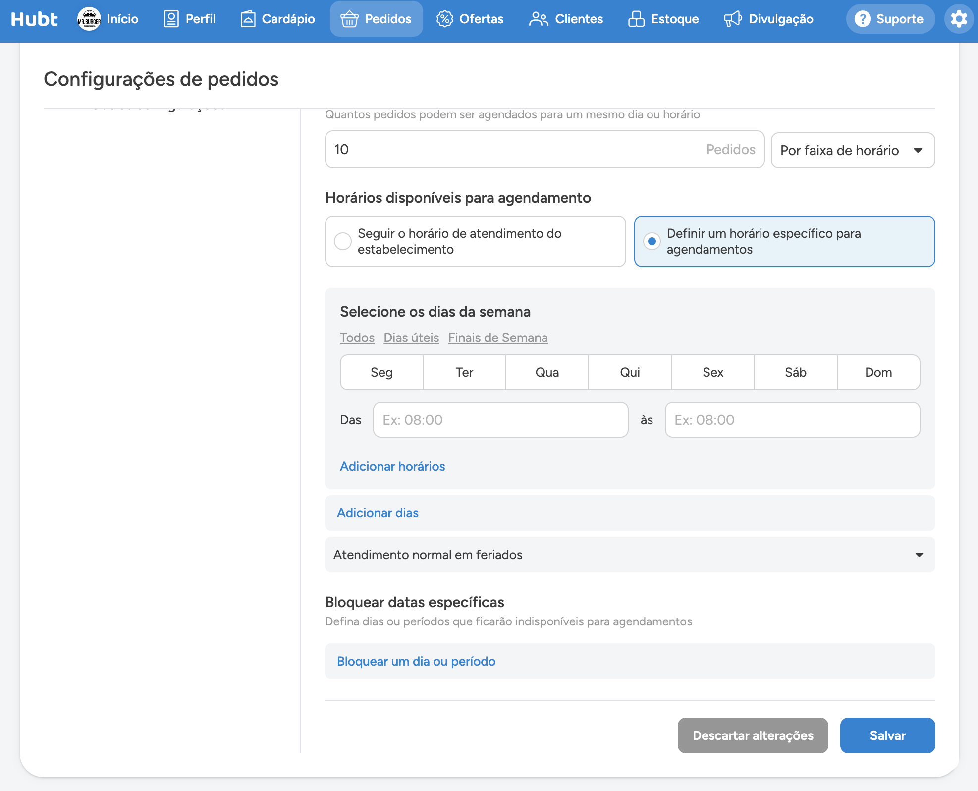 Horários disponíveis para agendamento com a opção Definir um horário específico para agendamentos escolhida