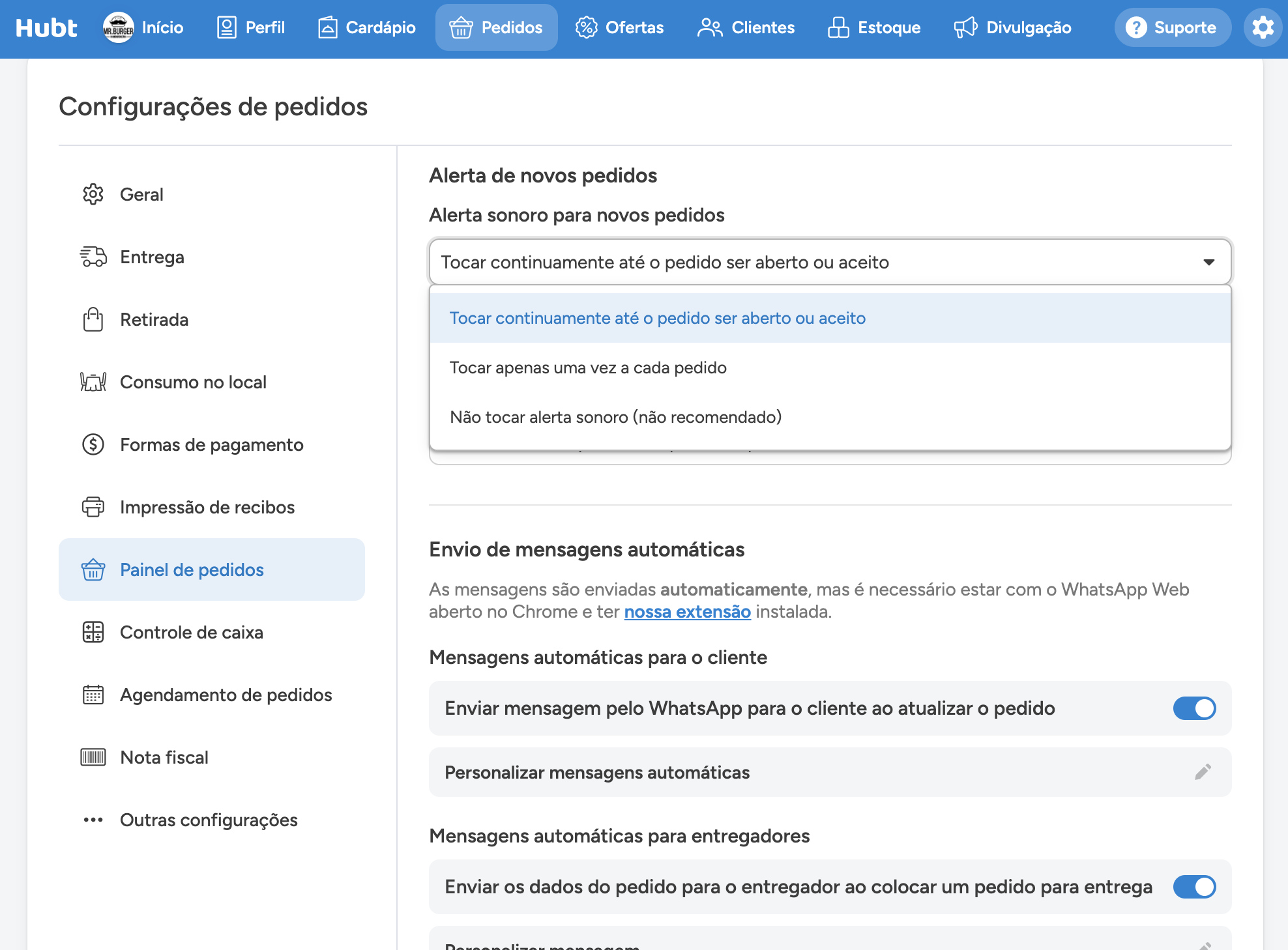 Lista do alerta sonoro aberta, com as três opções de toque