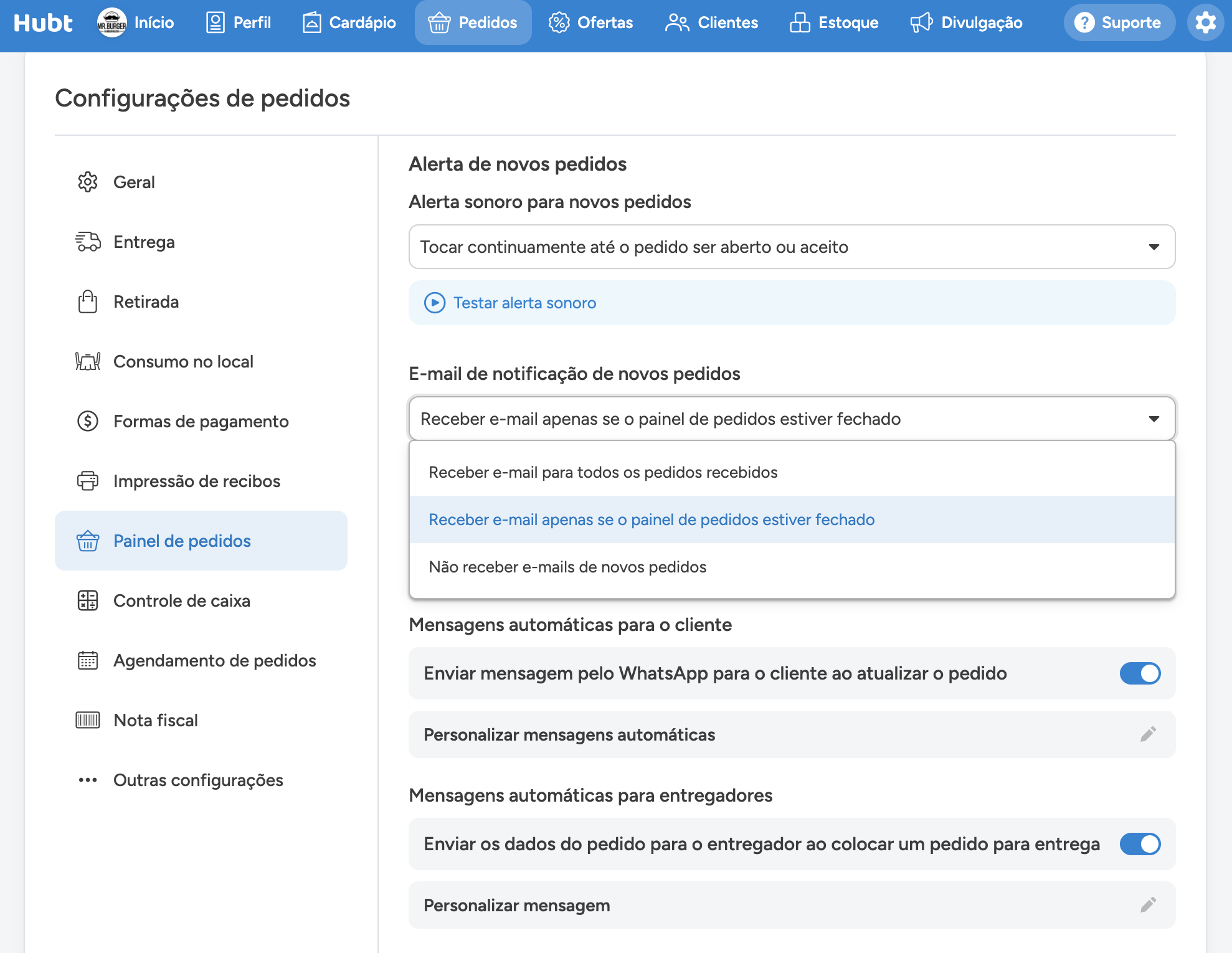 Lista do e-mail de notificação de novos pedidos aberta, com as três opções