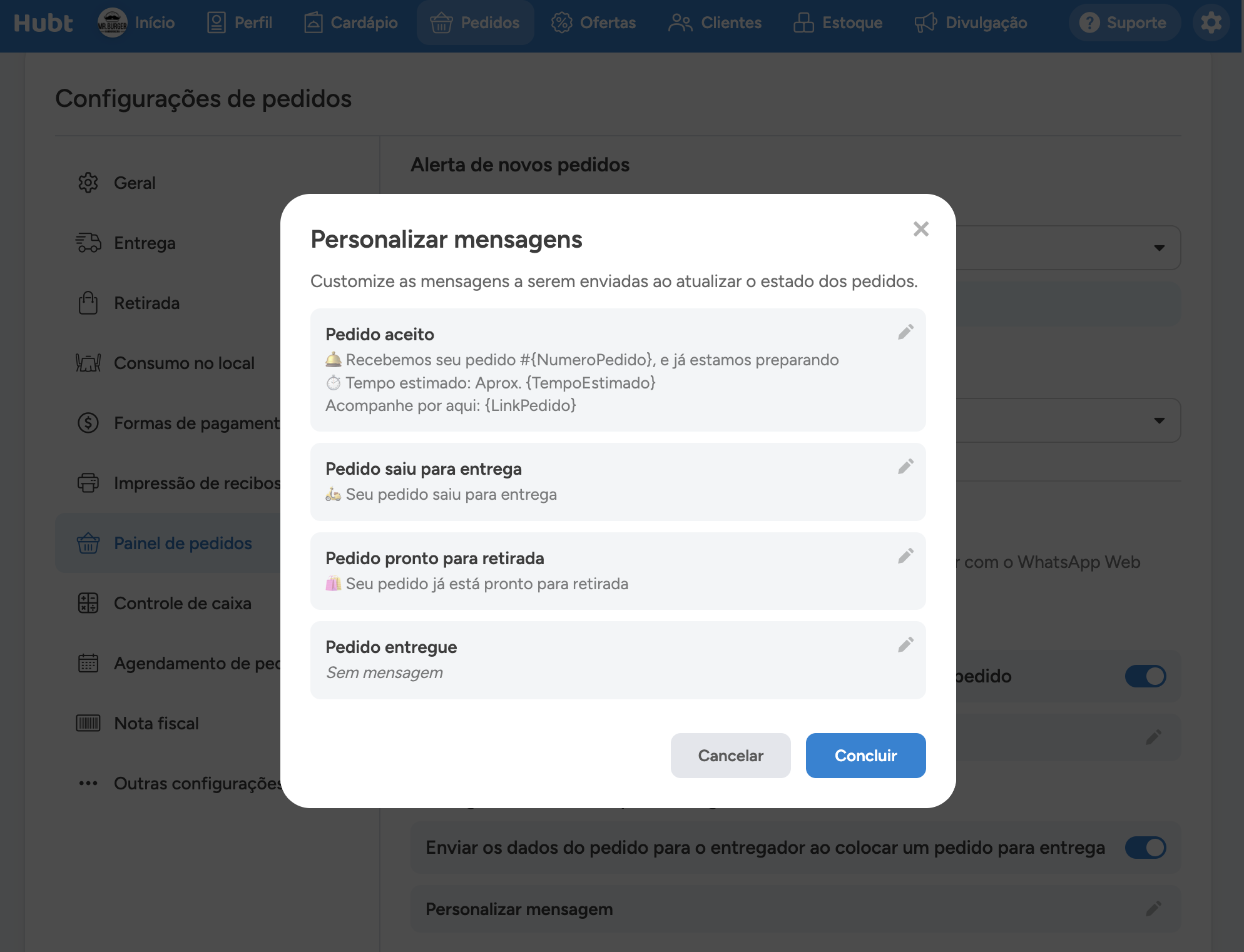 Janela Personalizar mensagens, com uma mensagem para cada etapa do pedido