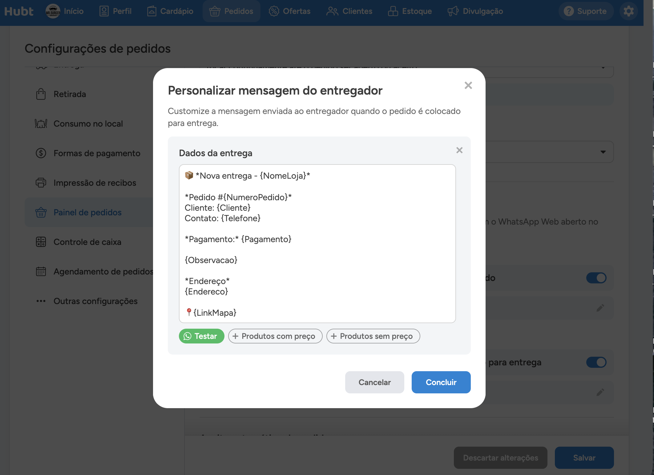Janela Personalizar mensagem do entregador com o texto aberto para edição, o botão Testar e os campos de produtos