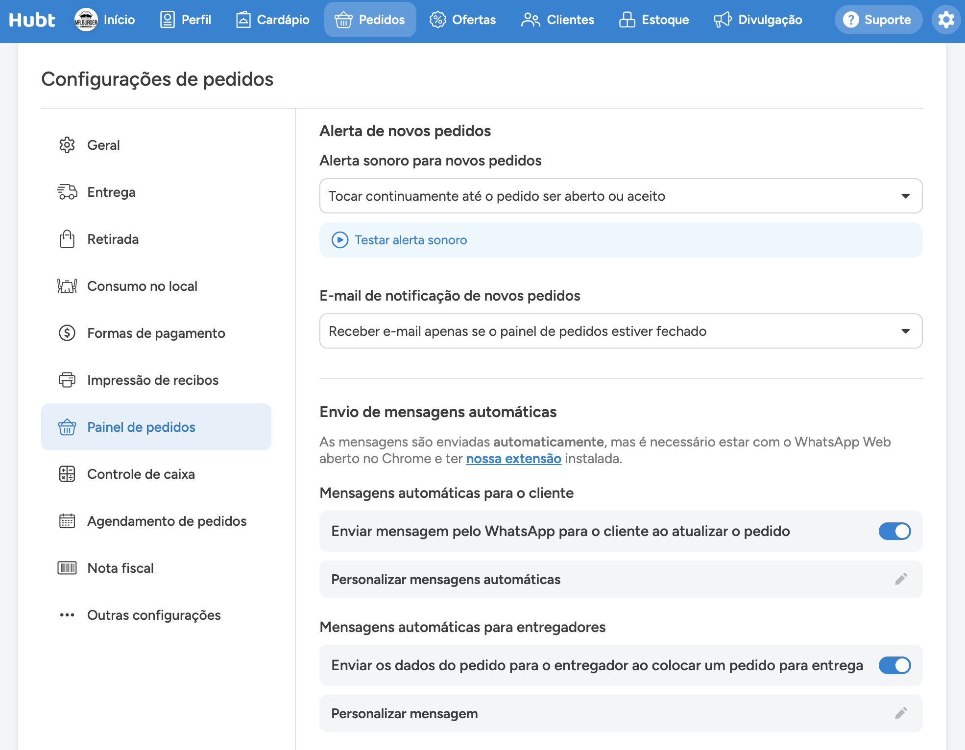 Seção Painel de pedidos nas configurações, com o alerta sonoro, o e-mail de notificação e as mensagens automáticas